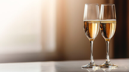 Two Champagne Glasses on a Table with Soft Background.