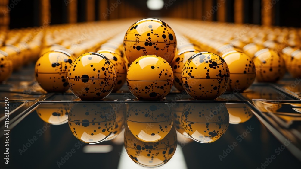 Poster abstract sphere composition: golden yellow spheres with black dots reflecting on a dark surface in a