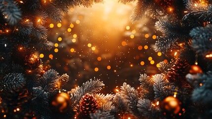 Fototapeta premium Enchanting christmas lights winter forest holiday scene twilight