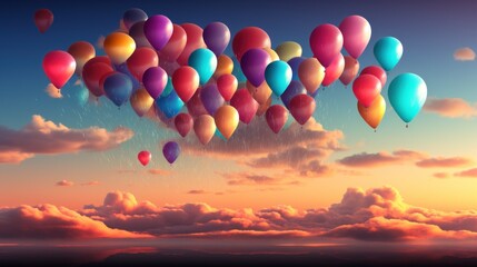 Fototapeta premium A Dreamy Sunset Flight: Colorful Balloons Soaring Through a Vivid Sky