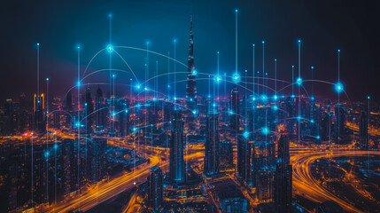 Smart digital city with connection cyber security network reciprocity over the cityscape . future smart wireless digital city and social media networking systems that connects people within the city