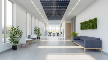 Modern Office Interior Featuring Solar Panels, Indoor Plants, Large Windows, and Open Workspaces for Eco-Friendly Business Environment