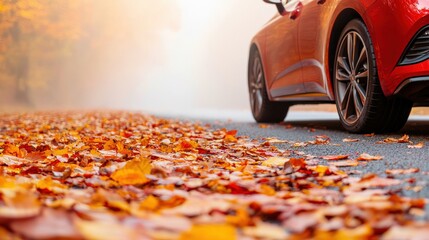 Vibrant Red Car Parked on a Leaf-Covered Road Surrounded by Autumn Foliage in a Misty Landscape Reflecting the Essence of Fall Season Nature
