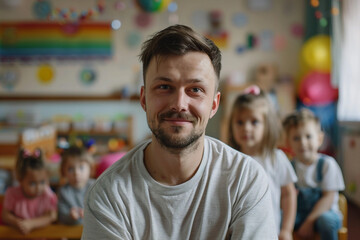 Generative AI Image of Male Babysitter or Teacher in Nursery Engaging with Children in Playful Setting