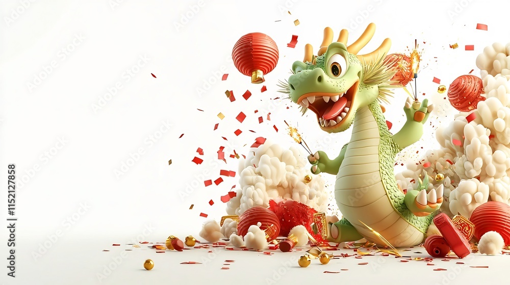 Poster a 3d cartoon animation of a green dragon joyfully dancing with firecrackers exploding in the air sur
