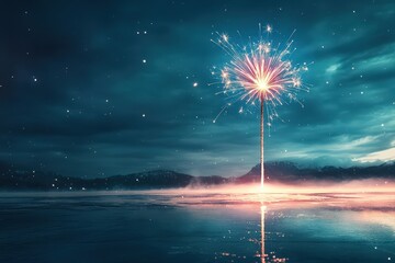 Sparkling firework display over a frozen lake at night