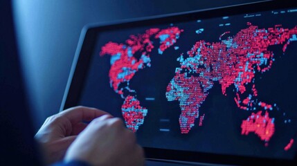 Detailed Digital Map Displaying Global Locations with Red and Blue Data Points on a Dark Background in a Modern Tech Environment