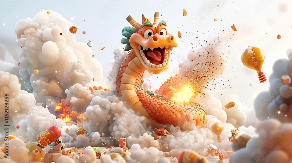 Poster vibrant 3d cartoon animation of a long and colorful dragon coiling around a giant firecracker with s