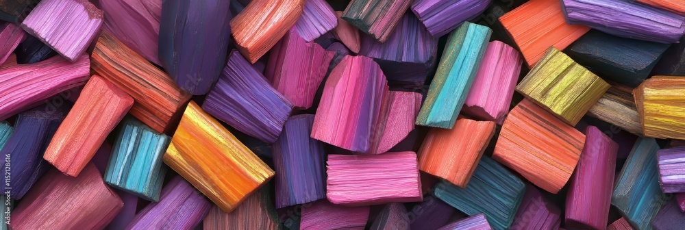 Poster a kaleidoscope of textures close-up view of dyed wooden blocks in an abstract arrangement.