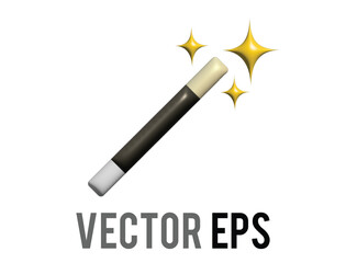 3D black classic magic wand and white tips icon with golden sparkling stars