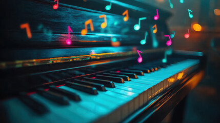 Lisztomania, A serene image of a piano elegantly surrounded by soft, cascading pastel colors, ideal for artistic and musical themes.