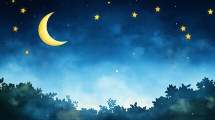 Fototapeta premium Captivating Night Sky with Stars and Moon Over Soft Green Landscape in Tranquil Setting, Perfect for Anime-Inspired Illustrations and Designs
