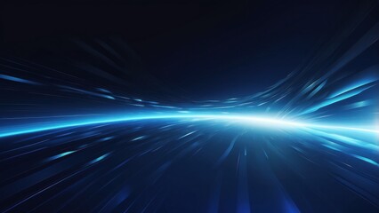 Vector abstract, future, scientific, and energy technology idea. Blue light-filled stripes, motion blur, speed, and light rays on a dark blue background in a digital image