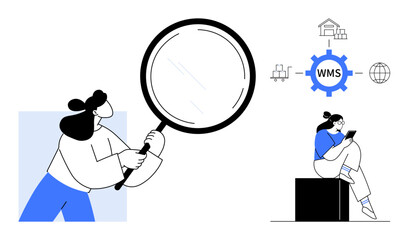 Woman holding magnifying glass studying WMS diagram with network, buildings, and global components. Ideal for logistics, efficiency, technology, training, digital transformation, business strategy