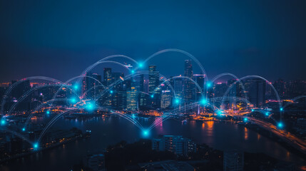 Fototapeta premium Smart digital city with connection cyber security network reciprocity over the cityscape . future smart wireless digital city and social media networking systems that connects people within the city