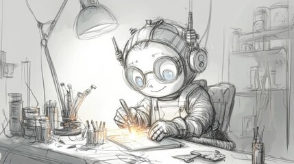 National Welding Month Imaginative robot child creating art in a workshop with glowing drawing