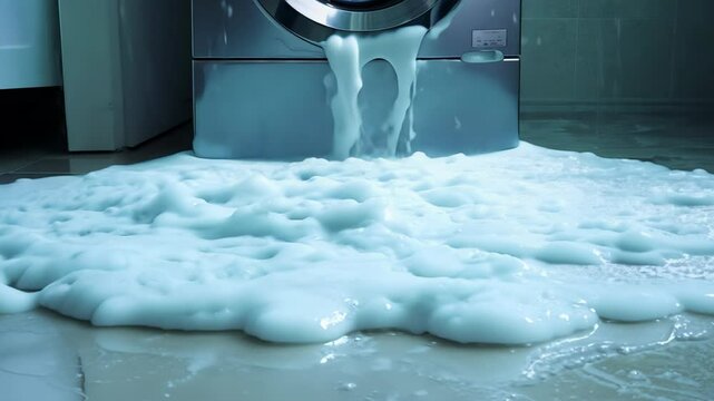 A washing machine malfunctions, leading to an overflow of foam and water spilling onto the floor. The incident takes place in a residential laundry room during daytime hours.