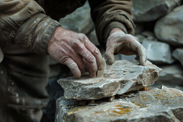 Generative AI Image of a Stonemason Working with Stone, Shaping and Carving Stone Surface