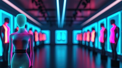 Futuristic Fashion Showroom with Neon Illumination and Mannequins Showcasing Modern Apparel Designs in an Artistic Environment