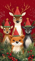 Fototapeta premium Festive Holiday Cheer Adorable Cartoon Animals Celebrate with Party Hats on Raspberry