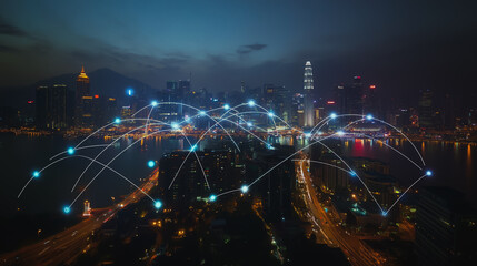Smart digital city with connection cyber security network reciprocity over the cityscape . future smart wireless digital city and social media networking systems that connects people within the city
