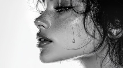 drawing. A single tear rolling down a delicate Face cheek, capturing the raw emotion of sorrow and inner strength. The tear glistens as it falls, highlighting the contrast between vulnerability