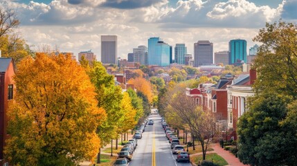 Fototapeta premium Autumn cityscape with vibrant foliage and urban skyline From Africa to Virginia Month