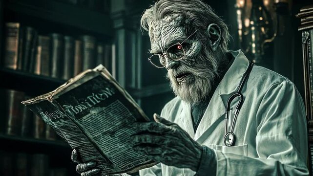 A spooky zombie doctor reading an ancient, dark book in a dim library.