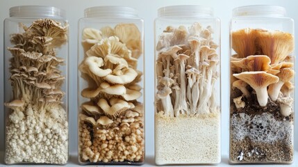 Variety of mushroom growth in clear containers for organic display and educational study