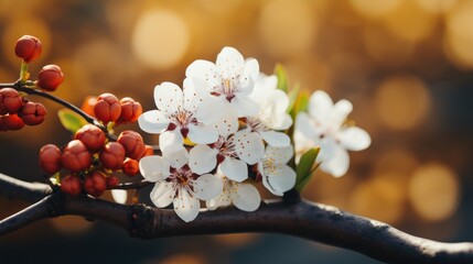 Springtime Bloom: Delicate White Blossoms and Red Berries