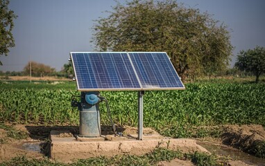 A solar-powered water pump providing irrigation for crops in a semi-arid region