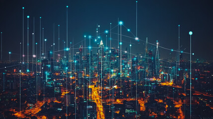 Obraz premium Smart digital city with connection cyber security network reciprocity over the cityscape . future smart wireless digital city and social media networking systems that connects people within the city