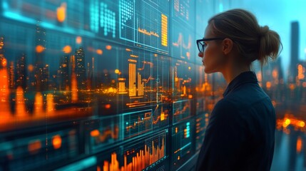 A data analyst observes glowing financial charts displayed on a large screen. The city skyline is visible in the background, illuminated by sunset hues, creating a vibrant atmosphere.