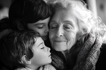 Emotional Moment Showcasing a Joyful Grandmother Embracing Her Grandchildren Indoors, Capturing Family Love in a Cozy Environment