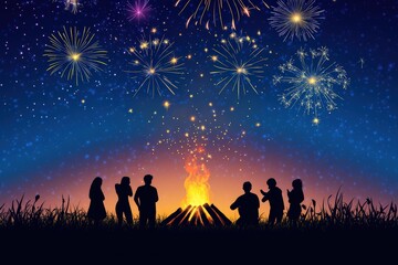 Fototapeta premium Silhouettes of friends gathered around a bonfire under fireworks