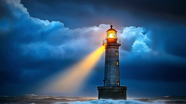 A lighthouse stands resiliently against stormy seas under a dramatic sky.
