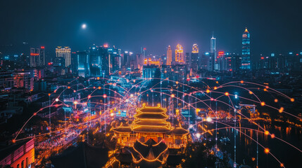 Fototapeta premium Smart digital city with connection cyber security network reciprocity over the cityscape . future smart wireless digital city and social media networking systems that connects people within the city