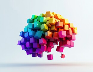 3D rendering of colorful rainbow gradient cubes arranged in the shape of a brain on a white background