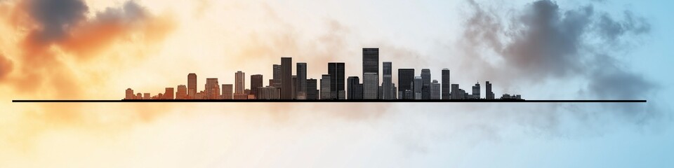 Fototapeta premium Black and White Cityscape Silhouette with Dramatic Clouds and Vibrant Sky Colors at Sunrise or Sunset, Perfect for Urban and Landscape Photography