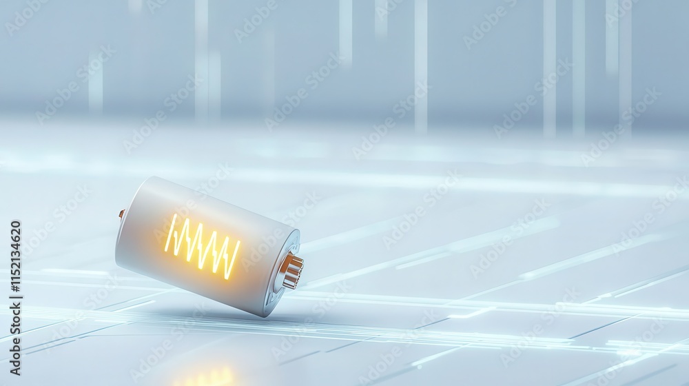Poster a futuristic battery with an illuminated level indicator is displayed on a sleek, digital surface, r