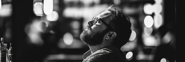 A black-and-white portrait captures a man lost in deep thought.