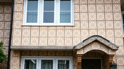 A tan-tiled house exterior features a multi-paned upper window and a three-paned lower window.  A small, arched entryway with a decorative roofline is centered beneath the upper window.
