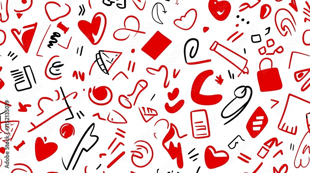 Poster a fun red line doodle seamless pattern with creative abstract shapes a playful and trendy design sui