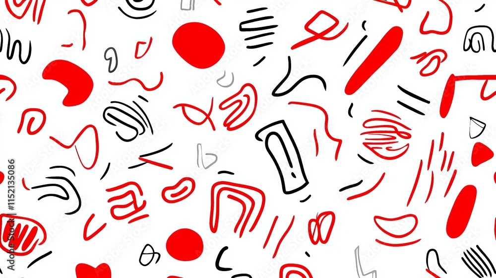 Poster a fun red line doodle seamless pattern with creative abstract shapes a playful and trendy design sui