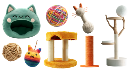 Collection set of scratch post, climbing tree playhouse, bed, individual pet accessories for animal cat kitten on transparent cutout PNG. Many different play ball wand toy. Mockup template for design