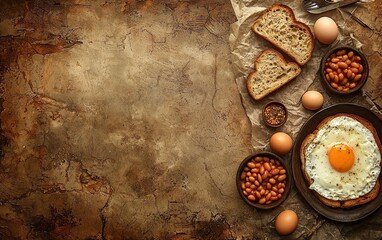 A traditional English breakfast with eggs, sausage, baked beans, and toast, on a rustic brown background