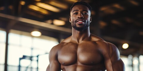 Fototapeta premium A muscular man stands confidently in a gym, showcasing his physique and dedication to fitness.