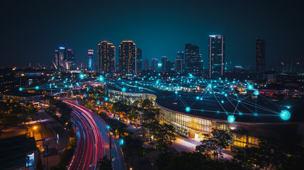 Naklejka premium Smart digital city with connection cyber security network reciprocity over the cityscape . future smart wireless digital city and social media networking systems that connects people within the city