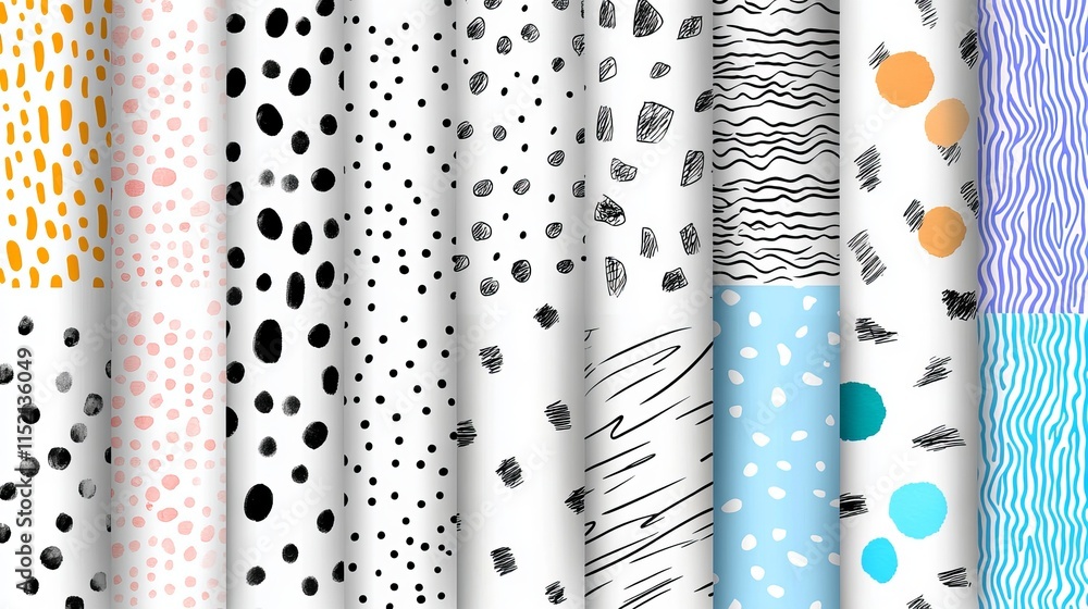 Poster a large set of abstract handdrawn patterns created with ink watercolor pencil and felttip pen includ