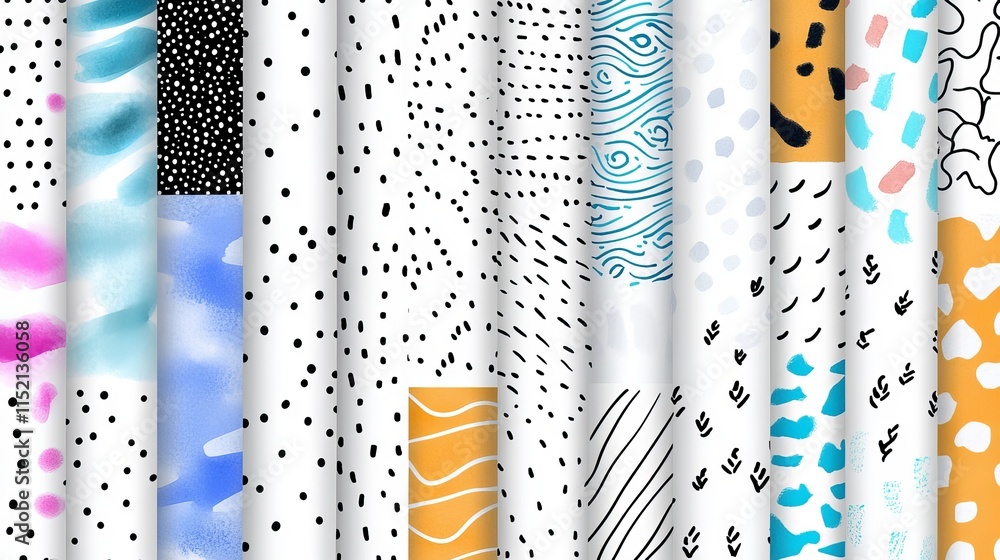 Poster a large set of abstract handdrawn patterns created with ink watercolor pencil and felttip pen includ